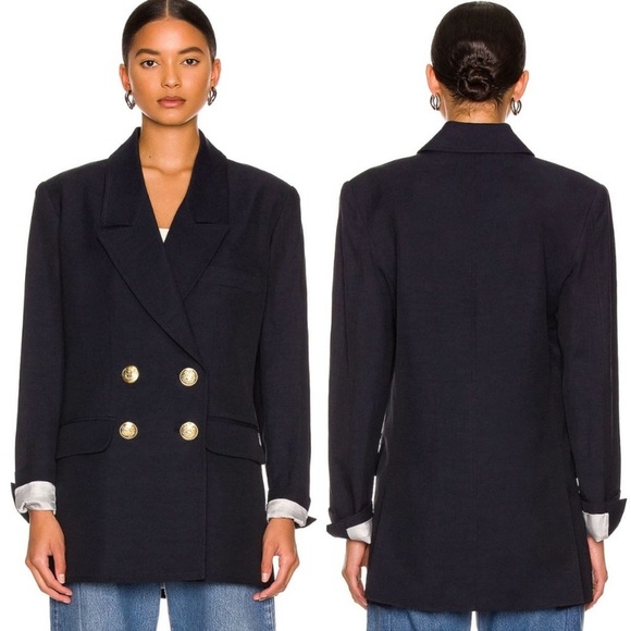 SMYTHE Oversized Linen Blend Double Breasted Blazer in Navy - Picture 3 of 11